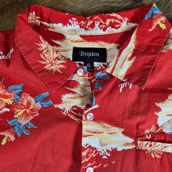 Brixton Hawaiian Shirt Mens XL Red Floral Palm Tree Short Sleeve Button Up - Picture 3 of 8
